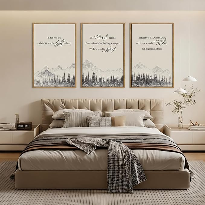 IARTTOP Extra Large Christian Bible Verse Framed Wall Art 24x36 Inch Set of 3 Easter Jesus Catholic Biblical Scripture Canvas Wall Decor Minimalist Grey Mountain Landscape Prints for Living room Dining room