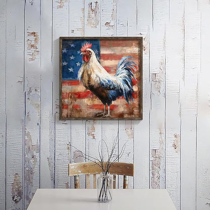 Rooster Wooden Wall Art Decor: Farm Animal Picture Country Cock Flag Framed Artwork Farmhouse Chicken Painting is the Perfect Combination of Energy Nature for the Kitchen Country House 20"x20"