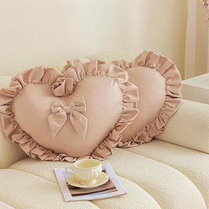 MOJUN Heart Pillow, Cute Soft Heart Shaped Throw Pillow Ruffle Love Bow Pillow Decorative Pillows Cushion for Couch Sofa Living Room Bed Chair Wedding Gifts Pillows, Champagne