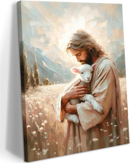 Jesus and Lamb Canvas Wall Art Christian Jesus the Good Shepherd Painting Picture Wall Decor Religion Bible Stories Poster Print Artwork for Church LDS Bedroom Living Room Home Decor 16x24in Canvas