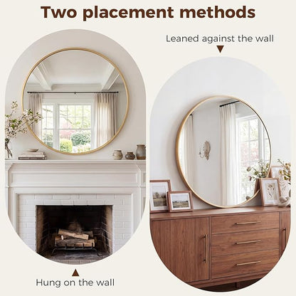 NEWBULIG 30 Inch Round Wall Mirror, Bathroom Mirror for Over Sink, Matte Metal Framed Circle Vanity Mirror, Wall Decor for Bedroom, Anti-Rust, Tempered Glass, Hanging or Leaning, Classic Gold