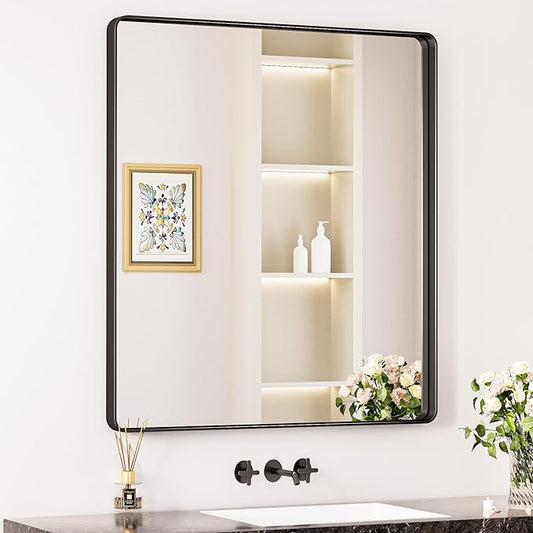 Keonjinn Black Bathroom Mirror for Over Sink, 32 x 36 Inch Rounded Rectangle Bathroom Vanity Mirror, Matte Black Sandblasted Finish, HD Tempered Glass, Wall Mirrors with Seamless Aluminum Alloy Frame