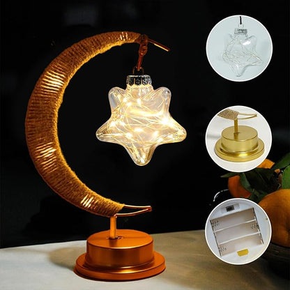 Crescent Moon Table Light with Hanging Star Ramadan Decorative Atmosphere Lamp Battery Operated Suitable for Home Bedroom Shop Party Decoration (HGmoon-WW-Star)