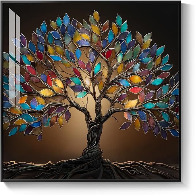 Framed Square Tree of Life Wall Art, Modern Contemporary Tree Painting Prints Artwork for Walls, Dark Colorful Elegant Picture for Living Room Bedroom Kitchen Office Dining Room Wall Decor, 30x30 In