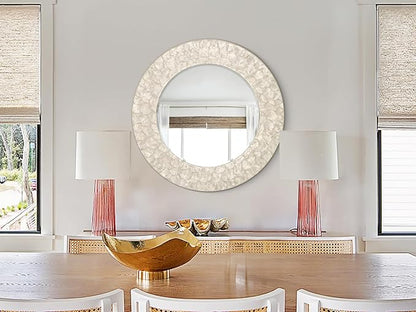 Capiz Shell Round Mirror, 30'' Coastal Mirror with Natural Capiz Seashell Frame, Decorative Circle Wall Mirrors for Living Room Mantel Bathroom Entryway