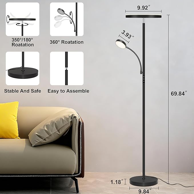Floor Lamp-42W/4200LM Super Bright Floor Lamp,Dimmable 2-in-1 LED Floor Lamp for Bedroom,Torchiere Floor Lamps with Remote & Touch Control,69" Tall Standing Lamp for Living Room,Office,Reading,Black