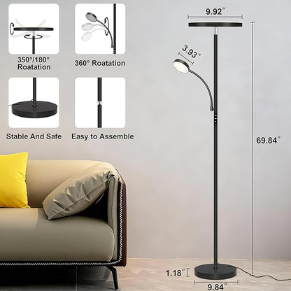 Floor Lamp-42W/4200LM Super Bright Floor Lamp,Dimmable 2-in-1 LED Floor Lamp for Bedroom,Torchiere Floor Lamps with Remote & Touch Control,69" Tall Standing Lamp for Living Room,Office,Reading,Black