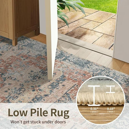 Rugxara 6x9 Area Rugs for Living Room Bedroom, Large Washable Rug, Coral Vintage Floral Boho Style, Non Slip & Low Pile Carpet for Indoor Dining Room, Dorm and Kids Room(Coral Blue 6x9ft)