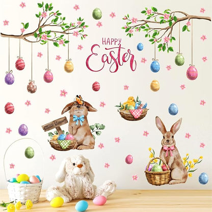 Happy Easter Wall Stickers Bunny Decals for Wall Decroation Easter Eggs Tree Branch Wall Decal Peel and Stick Easters Window Decals Spring Rabbit Sticker for Living Room Bedroom Nusery Supplies