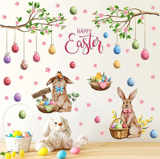 Happy Easter Wall Stickers Bunny Decals for Wall Decroation Easter Eggs Tree Branch Wall Decal Peel and Stick Easters Window Decals Spring Rabbit Sticker for Living Room Bedroom Nusery Supplies