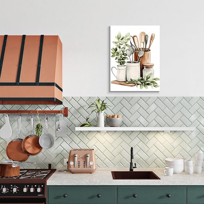 Dazzlewall Framed Watercolor Botanical Kitchen Wall Art Decor,Sage Green Eucalyptus Leaves and Kitchenware Wall Poster For Kitchen Dining Room Decor 12x16 in