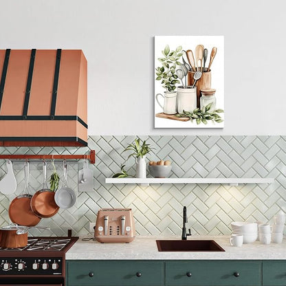 Dazzlewall Framed Watercolor Botanical Kitchen Wall Art Decor,Sage Green Eucalyptus Leaves and Kitchenware Wall Poster For Kitchen Dining Room Decor 12x16 in
