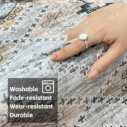 9x12 Area Rugs Light Brown Washable Rug for Living Room, Dining Room, Bedroom, Large Carpets, Non Slip & Non-Shedding Low Pile Vintage Print Rug for Home Office Decor