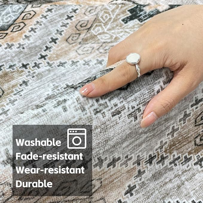 8x10 Area Rugs Light Brown Washable Rug for Living Room, Dining Room, Bedroom, Large Carpets, Non Slip & Non-Shedding Low Pile Vintage Print Rug for Home Office Decor