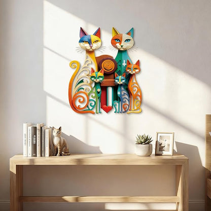 Wesiti Cat Wall Art Decor Iron Wall Sculptures Decor for Cats Lover 12.6 x 15.7 Inches Colorful Mid Century Cat Retro Signs for Home Living Room Bedroom Kitchen Office(Refined)
