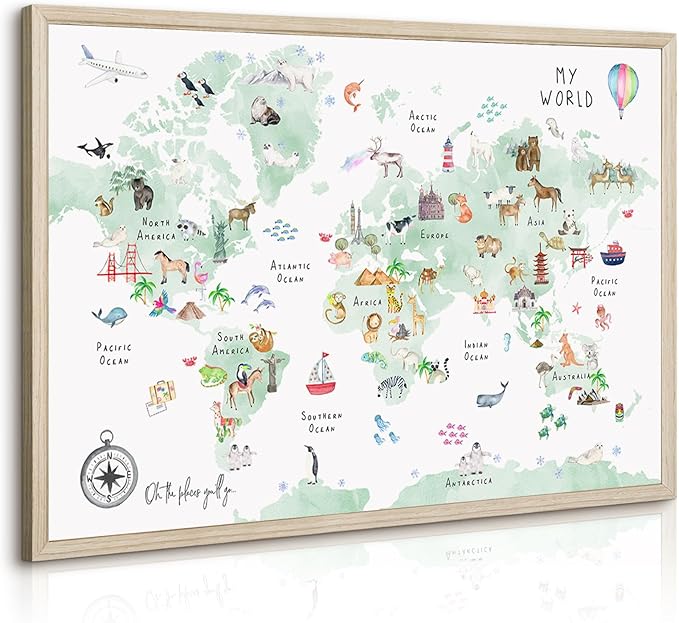 Joocrise Green Kids World Map Wall Art Animal Map Canvas Art Nursery Wall Decor World Map Poster Childrens Room Decor Playroom Prints Educational Artwork 16x24 Inch Wood Frame