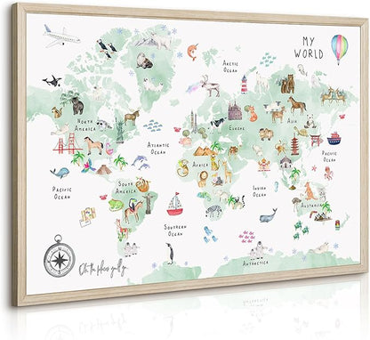 Joocrise Green Kids World Map Wall Art Animal Map Canvas Art Nursery Wall Decor World Map Poster Childrens Room Decor Playroom Prints Educational Artwork 16x24 Inch Wood Frame