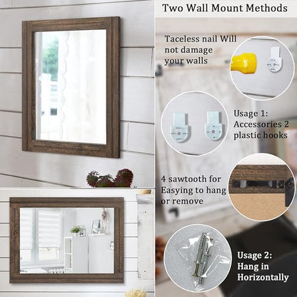 AAZZKANG Rustic Wood Mirror Rectangle Decorative Wall Hanging Mirrors with Frame Large 20"x16" for Bedroom Living Room Bathroom Home Entryway