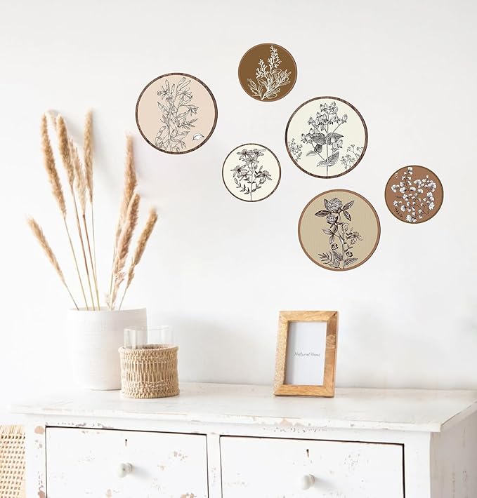 MuSeek 6 Pieces Earthy Boho Botanical Wood Wall Art, Round Neutral Room Decor for Bedroom Living Room, Rustic Plant Printed Wooden Hanging Wall Sculptures (7.8" & 9.8") ﻿