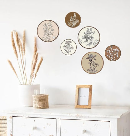 MuSeek 6 Pieces Earthy Boho Botanical Wood Wall Art, Round Neutral Room Decor for Bedroom Living Room, Rustic Plant Printed Wooden Hanging Wall Sculptures (7.8" & 9.8") ﻿