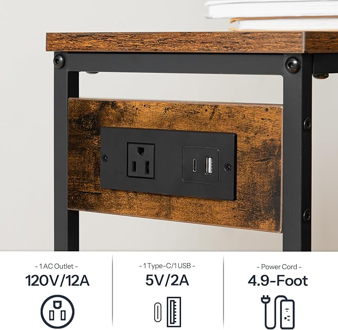 HOOBRO Narrow Console Table with Power Outlets, 29.5" Small Entryway Table with Charging Station, Thin Sofa Table, Side Table, for Hallway, Bedroom, Living Room, Rustic Brown and Black BF75UXG01