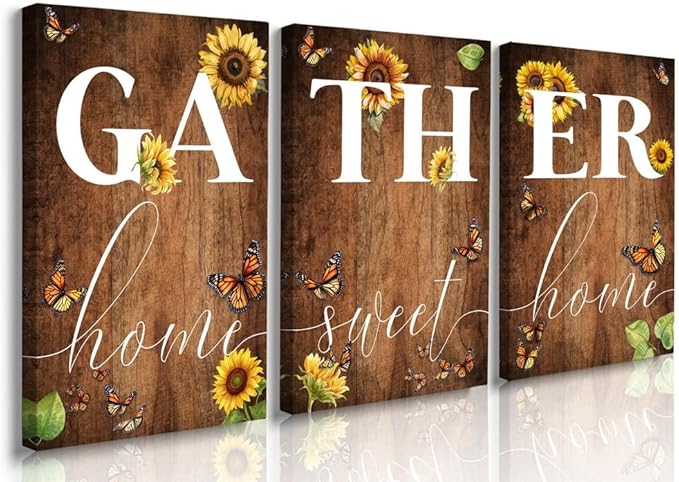 GUBIYU Rustic Farmhouse Dining Room Decor Cute Gather Signs - 'Home Sweet Home' Wall Decor with Sunflower Butterfly Design - 20"x28"