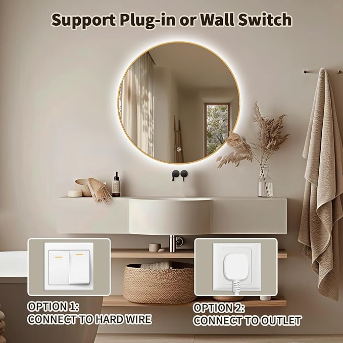 Niccy 28" LED Backlit Round Mirror for Bathroom, Gold Framed Vanity Light Wall Mirror, LED Smart Circle Mirrors with 3 Lighting Colors, Round Lighted Mirror with Anti-Fog, IP65 Waterproof