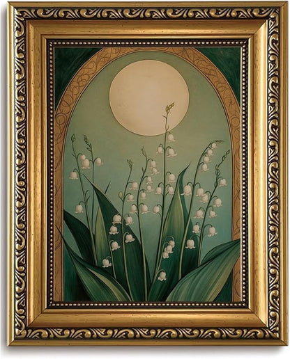 WZGZXU Vintage Gold Framed Wall Art Nouveau Botanical Wall Decor Lily Of The Valley Canvas Art Boho Pictures Floral And Moon Painting Moody Flowers Prints For Living Room Bedroom Bathroom
