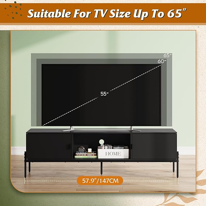 WLIVE TV Stand for 65 Inch TV, Mid Century Modern Entainment Center with 2 Storage Cabinets & Open Shelf, TV Console Table Media with Metal Legs for Living Room, Bedroom, Black