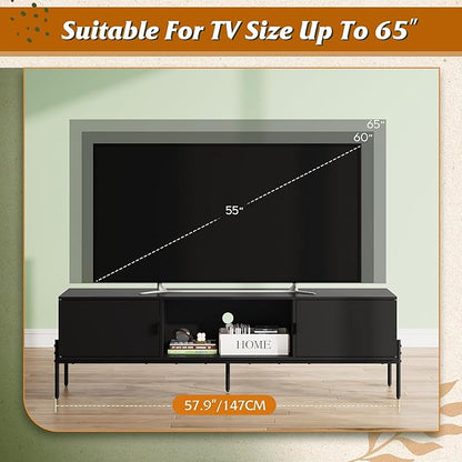 WLIVE TV Stand for 65 Inch TV, Mid Century Modern Entainment Center with 2 Storage Cabinets & Open Shelf, TV Console Table Media with Metal Legs for Living Room, Bedroom, Black