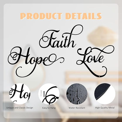 ESTART Faith Hope Love 3 Pieces Metal Wall Decor Inspirational Black Letter Sign Wall Art Rustic Vintage Farmhouse Word Metal Sign Family Wall Decor for Home Bedroom Living Room