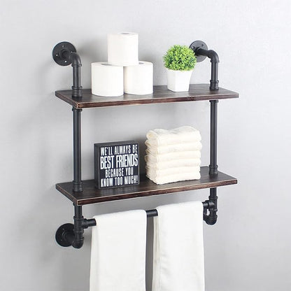 MBQQ Pipe Shelving,Iron Pipe Shelves Industrial Bathroom Shelves with Towel bar,24in Rustic Metal Pipe Floating Shelves Pipe Wall Shelf,2 Tier Industrial Shelf Wall Mounted,Retro Black