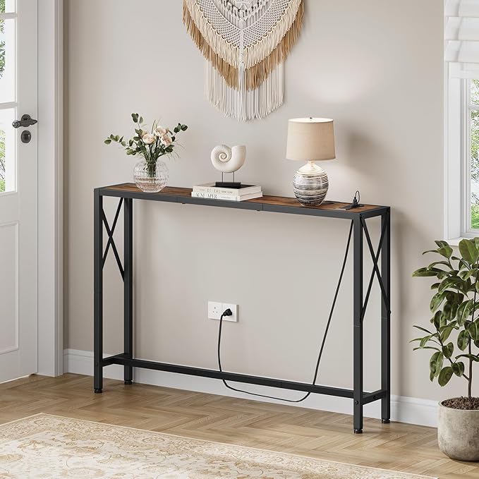 Gewudraw 41.8" Console Table, Narrow Behind The Couch Table with Outlet, Industrial Skinny Stand for Hallway, Entryway, Living Room, Bedroom, 6.5 Feet Power Cord,Rustic Brown