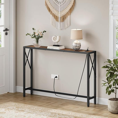 Gewudraw 41.8" Console Table, Narrow Behind The Couch Table with Outlet, Industrial Skinny Stand for Hallway, Entryway, Living Room, Bedroom, 6.5 Feet Power Cord,Rustic Brown