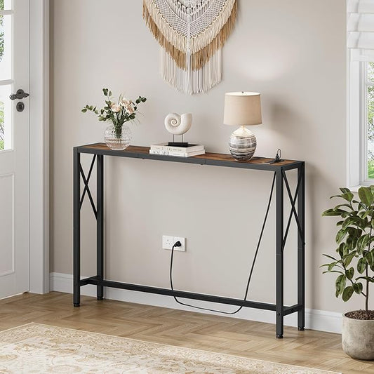 Gewudraw 41.8" Console Table, Narrow Behind The Couch Table with Outlet, Industrial Skinny Stand for Hallway, Entryway, Living Room, Bedroom, 6.5 Feet Power Cord,Rustic Brown