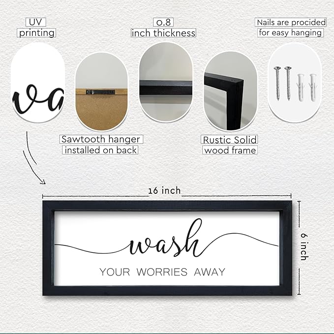 Wash Your Worries Away Sign Funny Laundry Room Wall Decor 16"×6" Rustic Bathroom Small Wooden Framed Wall Hanging Art (Black)