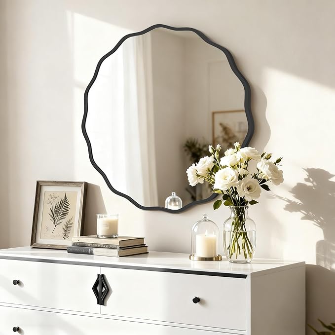 HOMECOOKIN 28" Wavy Round Wall Mirror, Black Scalloped Circle Mirror Edge Round with Metal Frame, Modern Decorative Hanging/Leaning Mirrors for Bathroom, Hotels, Hallway, Entryway, Vanity, Office