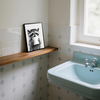 XYHYRA Bathroom Wall Art, Cute Black and White Raccoon Canvas Prints Poster, Funny Animal Decor Oil Painting, Modern Farmhouse Picture Artwork for Bathroom Toilet Wall Decor 8x10 Inch Framed
