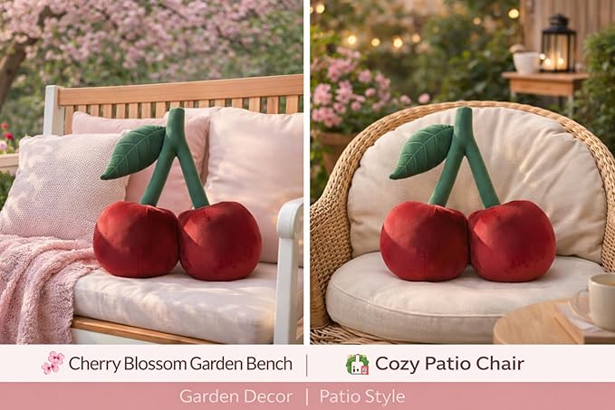 Cherry Pillow for Preppy Room Decor –17x14 In 3D Decorative Cherry Throw Pillow in Luxe Velvet –Shape Hold Fill Fruit Cushion with Sculpted Stem & Embroidered Leaf for Sofa & Aesthetic Home Decor ,Red