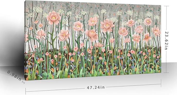 Large Pink Green And White Plant Wall Art For The Living Room， Natural Landscape Wildflower Canvas Print Picture， Modern Country Style Artwork For Living Rooms, Bedrooms, Kitchens, Dining Rooms, And Hallways. 48X24 Inches.