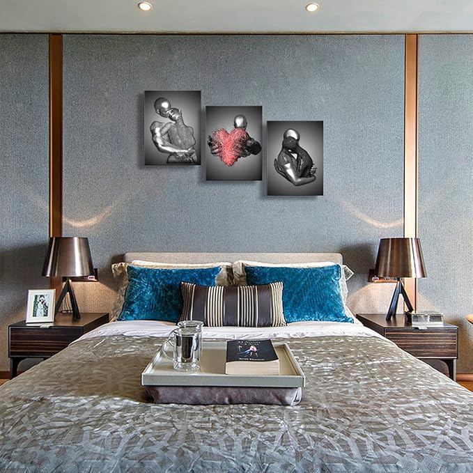 Framed 3 Pcs Love Heart 3d Wall Art Metal Sculpture Romantic Couple Abstract Art Prints Posters Decor Grey Black and White Canvas Printsfor Bedroom Living Room Bathroom Hotel Valentine'S Day ready to