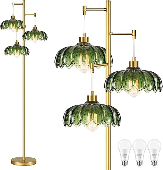 AHDWDW Gold Floor Lamp for Living Room Bedroom,Modern Floor Lamps with Unique Green Glass Shades,3 Lights Mid Century Tall Standing Lamp,Vintage Tree Flower Floor Lamp for Corner Office Reading