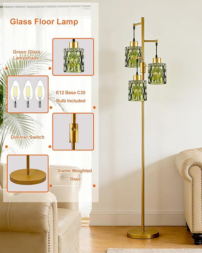 3-Light Modern Glass Floor Lamp, Gold Standing Tall Lamp with Green Cylinder Glass Shade for Reading, Dimmable LED Floor Lamp with 5Lbs Heavy Base for Living Room Bedroom Home Decor, Bulb Included