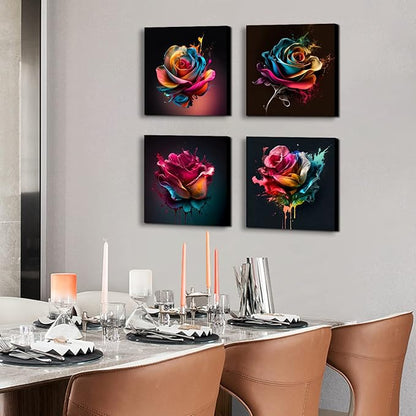 Colorful Rose Wall Art Abstract Graffiti Rainbow Flower Canvas Prints Pictures Bedroom Decor 12x12" 4 Pcs Modern Watercolor Black Background Paintings Artwork for Living Room Bathroom Home Decorations
