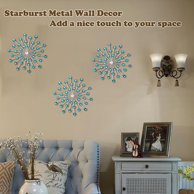 DXYAKY Set of 3 Modern Starburst Wall Decor, Metal Wall Sculpture with Crystal Accents, Blue 3D Wall Art for Living Room, Bedroom & Home, Elegant Hanging Wall Decoration