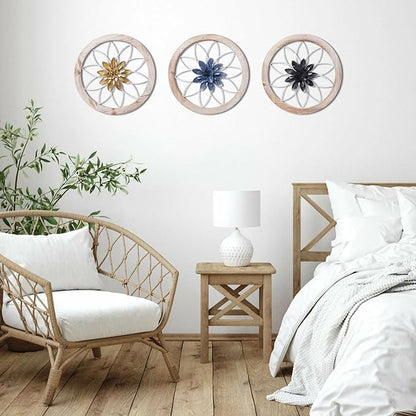 Paquesta 3 Piece Round Farmhouse Wall Decor with 6 Piece Interchangeable Flowers 15.75'' Medallion Wood & Metal Rustic Wall Art for Living Room Bedroom Kitchen Bathroom Dining Room Home Decorations (large white wheel)