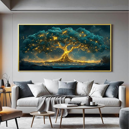 Canvas Wall Art Decor Artwork for Walls Oversized Green Gold Wall Art Prints Gold Framed Large Tree of Life Wall Art for Living Room Canvas Art Wall Decor Home Office Aesthetic Wall Decorations 29" x 58"