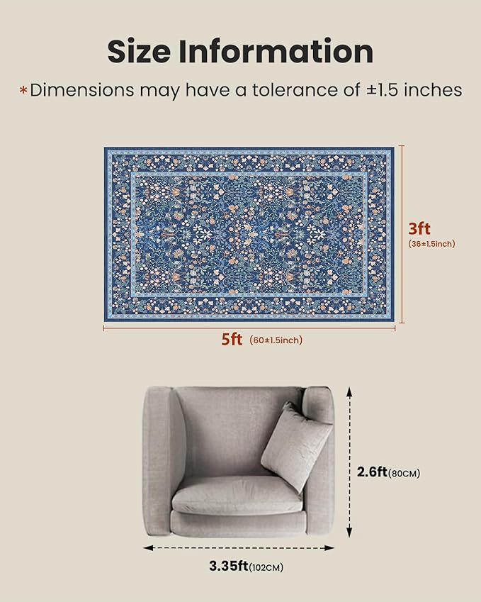 AMADA HOMEFURNISHING 3x5 Entryway Rug Indoor, Non-Slip & Low-Profile Area Rugs with Durable Edge Binding, Floral Pattern, Soft Washable Rug for Bedroom, Entryway and Kitchen