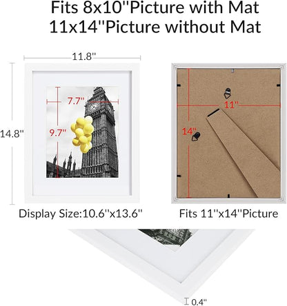 11x14 Picture Frame Set of 6 with Plexiglass, Display Pictures 8x10 with Mat or 11x14 Without Mat for Tabletop Display and Wall Mounting, White