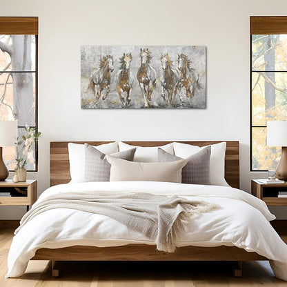 LoveHouse Gray and Gold Horse Wall Art Large Running Horses Canvas Print Horses Painting Wall Decor 24"x48"